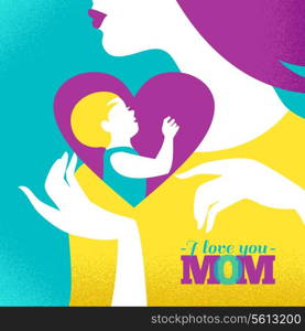 Beautiful silhouette of mother and baby in heart. Card of Happy Mother&rsquo;s Day