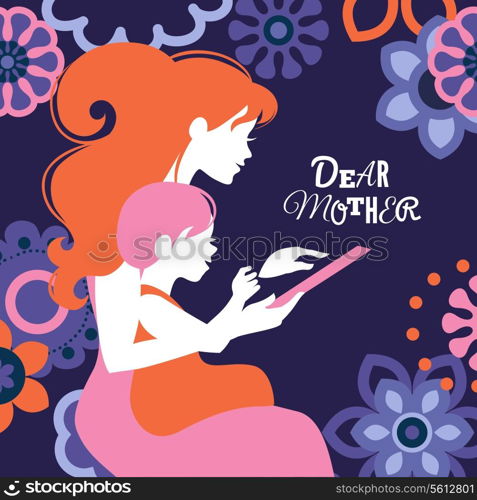 Beautiful silhouette of mother and baby looking tablet. Card of Happy Mother&rsquo;s Day