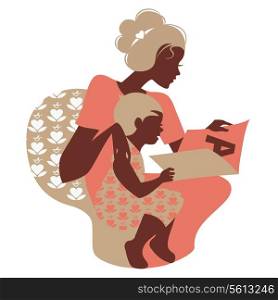 Beautiful silhouette of mother and baby reading book. Card of Happy Mother?s Day