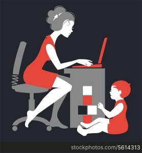 Beautiful silhouette of mother ? freelancer with notebook and baby playing with toys