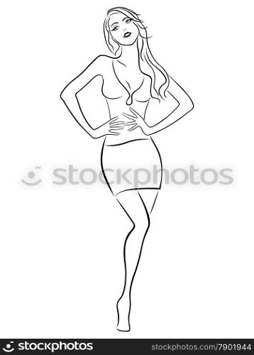 Beautiful slender girl posing in a short skirt, hand drawing vector outline