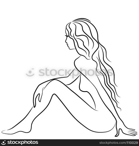 Beautiful slender girl sitting. Sketch style. Outline vector illustration