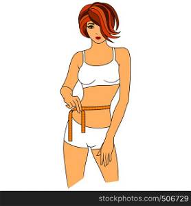 Beautiful slim girl measuring the size of her waist with tape measure, colored vector illustration isolated on the white background