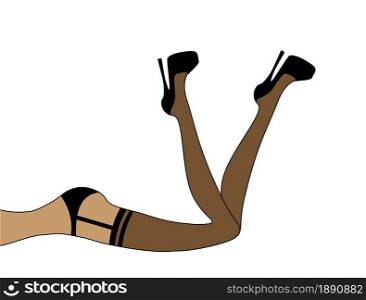 Beautiful slim legs of lying girl with high heeled shoes and sexy pantyhose on white background. Vector fashion illustration.