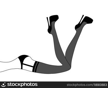 Beautiful slim legs of lying girl with high heeled shoes and sexy pantyhose on white background. Vector fashion illustration.