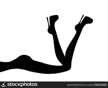 Beautiful slim legs of lying girl with high heeled shoes black silhouette on white background. Alpha channel. Vector fashion illustration.