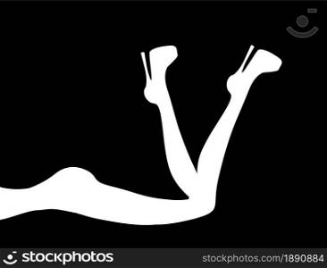 Beautiful slim legs of lying girl with high heeled shoes white silhouette on black background. Vector fashion illustration.