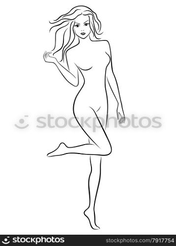 Beautiful slim young woman posing while standing on a one foot, hand drawing vector black outline over white