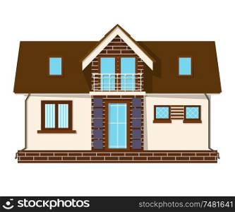 Beautiful small house with a loft, balcony. Building with an attic. Cozy rural house with a mezzanine. Stock vector illustration