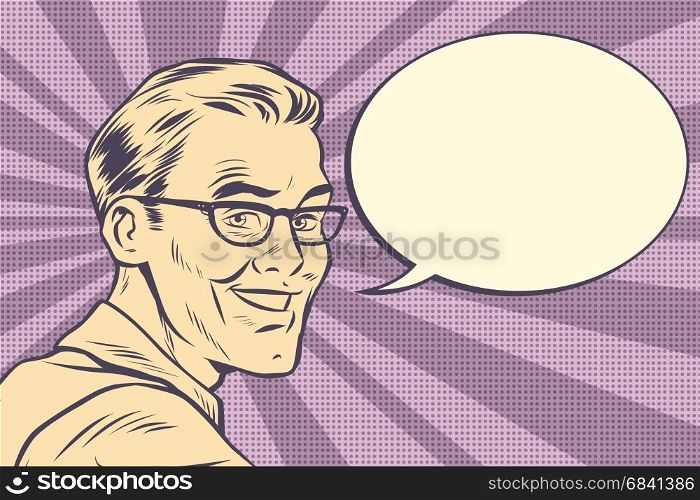 Beautiful smiling man with glasses. vintage faded style. Pop art retro vector illustration. Beautiful smiling man with glasses, vintage faded style