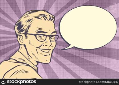 Beautiful smiling man with glasses. vintage faded style. Pop art retro vector illustration. Beautiful smiling man with glasses, vintage faded style