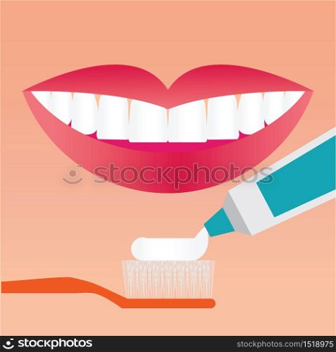 Beautiful smiling mouth with beautiful healthy teeth with Toothbrush and Toothpaste, Brushing Teeth care concept, Flat vector illustration.