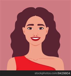Beautiful smiling woman in red dress. Portrait or an avatar of a pretty and cheerful female. Vector illustration