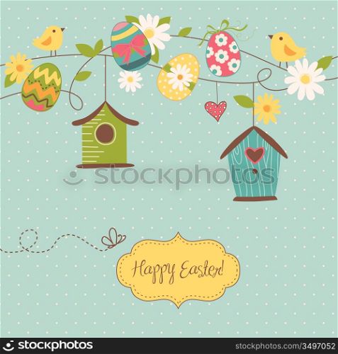 Beautiful Spring backgroun with bird houses, birds, eggs and flowers