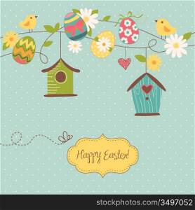 Beautiful Spring backgroun with bird houses, birds, eggs and flowers