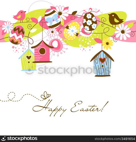 Beautiful Spring background with bird houses, birds, eggs and flowers