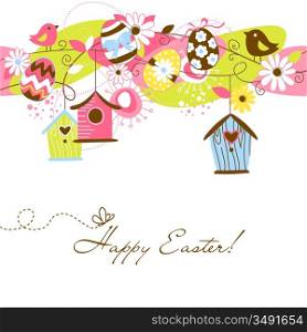 Beautiful Spring background with bird houses, birds, eggs and flowers
