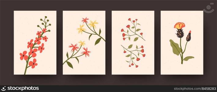 Beautiful spring flowers collection of contemporary art posters. Set of decorative flowers in pastel colors. Flowers and blossom concept for banners, postcard invitation designs or backgrounds. Beautiful spring flowers collection of contemporary art posters