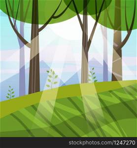 Beautiful Spring forest trees, green foliage, landscape. Beautiful Spring forest trees, green foliage, landscape, bushes, silhouettes of trunks, horizon. Rays of sunlight. Vector minimal style illustration template baner poster isolated
