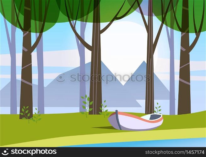 Beautiful Spring forest trees, green foliage, landscape. Beautiful Spring forest trees, green foliage, landscape, bushes, silhouettes of trunks, horizon. Boat lake. Vector minimal style illustration template baner poster isolated