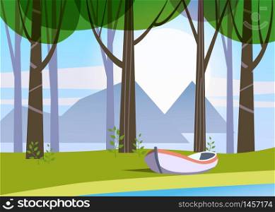 Beautiful Spring forest trees, green foliage, landscape. Beautiful Spring forest trees, green foliage, landscape, bushes, silhouettes of trunks, horizon. Boat lake. Vector minimal style illustration template baner poster isolated