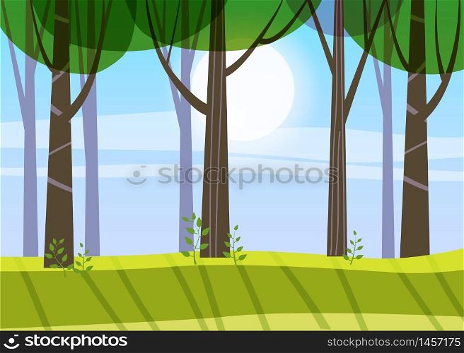 Beautiful Spring forest trees, green foliage, landscape. Beautiful Spring forest trees, green foliage, landscape, bushes, silhouettes of trunks, horizon. Vector minimal style illustration template baner poster isolated