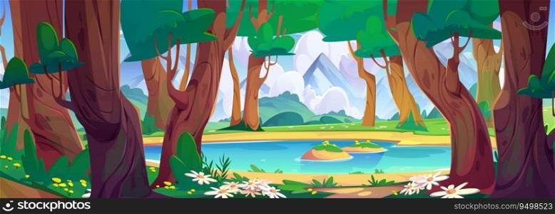 Beautiful spring forest with flowers around small lake and mountains on horizon. Vector cartoon illustration of blue pond or river flowing between old trees, green grass on hills, fluffy clouds in sky. Beautiful spring forest with flowers around lake