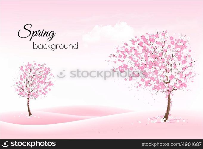 Beautiful spring nature background with a blossoming trees and landscaper. Vector