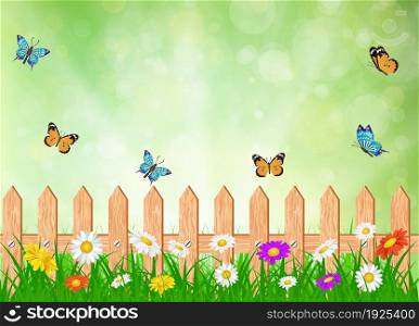 Beautiful spring rural landscape view. fence in grass with flowers and a butterfly. Vector illustration. Beautiful rural landscape view.