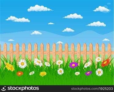 Beautiful spring rural landscape view. fence in grass with flowers. Vector illustration. Beautiful rural landscape view.