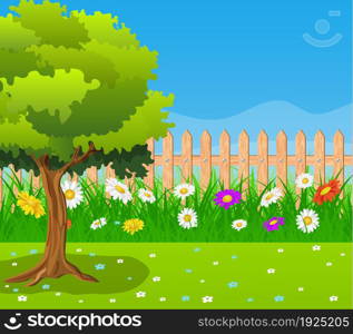 Beautiful spring rural landscape view. fence in grass with flowers. Vector illustration. Beautiful rural landscape view.