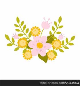 Beautiful spring twig with flowers. Postcard decor element. International Women Day. Beautiful sticker. Chamomile and dandelion. Pink daisy.