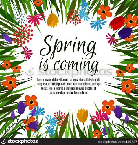 Beautiful spring vector background with early garden and forest flowers and floral frame. Garden with flower and plant card banner illustration. Beautiful spring vector background with early garden and forest flowers and floral frame