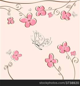 Beautiful square pink floral background with butterflies