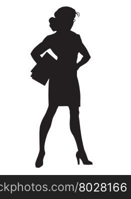 Beautiful strong businesswoman pop art retro vector. Woman vamp. Black silhouette. Conceptual business vector. Figure form icon.. Beautiful strong businesswoman black silhouette figure