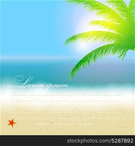 Beautiful summer background with beach, sea, sun and palm tree Vector illustration