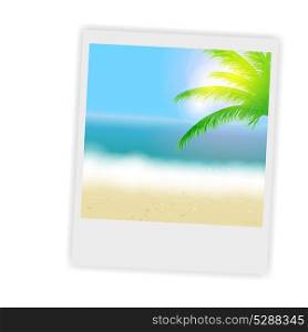 Beautiful summer background with instant photos, beach, sea, sun and palm tree Vector illustration