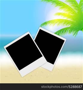 Beautiful summer background with instant photos, beach, sea, sun and palm tree Vector illustration
