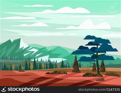 Beautiful summer mountain landscape valley rural countryside, green hills, bright color blue sky, meadows with mountains. Beautiful summer mountain landscape valley rural countryside, green hills, bright color blue sky, meadows with mountains panorama horizon in trendy cartoon flat style and bright colors. Vector, illustration, isolated, baner, poster