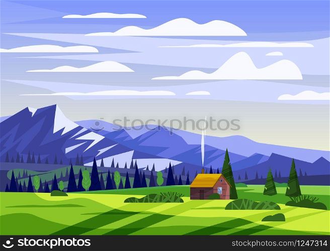 Beautiful summer mountain landscape valley rural farm house countryside, green hills, bright color blue sky, meadows with mountains. Beautiful summer mountain landscape valley rural farm house countryside, green hills, bright color blue sky, meadows with mountains panorama horizon in trendy cartoon flat style and bright colors. Vector, illustration, isolated, baner, poster