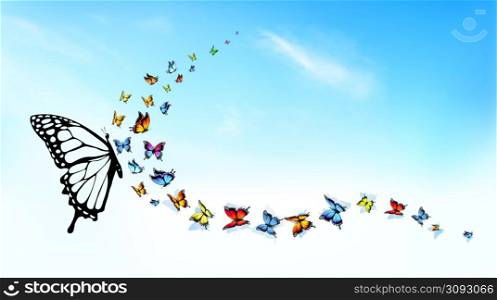 Beautiful Summer nature background with Colorful Butterflies and Blue Sky with White Clouds. Vector.