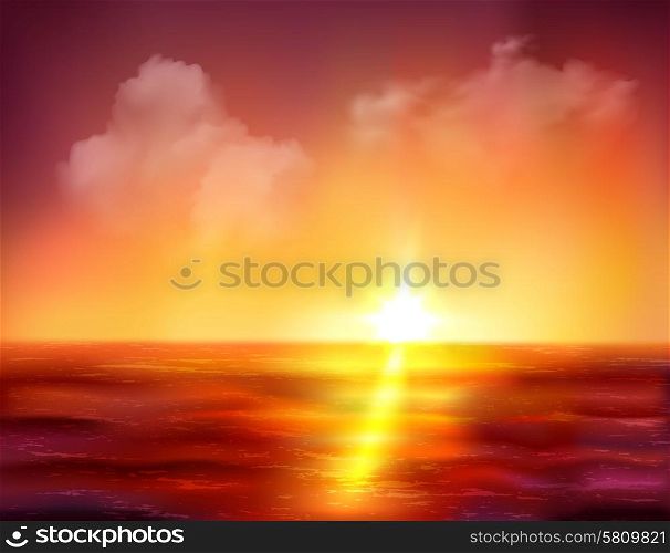 Beautiful sunrise over ocean with golden sun and dark red waves vector illustration. Sunrise Over Ocean