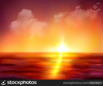 Beautiful sunrise over ocean with golden sun and dark red waves vector illustration. Sunrise Over Ocean
