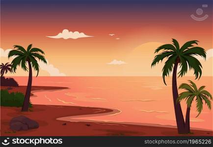 Beautiful Sunset Beach Sea Vacation Holiday Tropical Vector Illustration