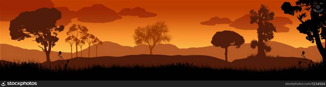 Beautiful sunset in savanna landscape, vector illustration