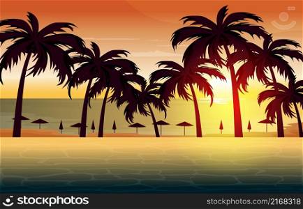 Beautiful Sunset Palm Coconut Bali Beach Vacation Landscape View Illustration