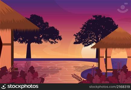 Beautiful Sunset Resort Hut Swimming Pool Bali Landscape View Illustration