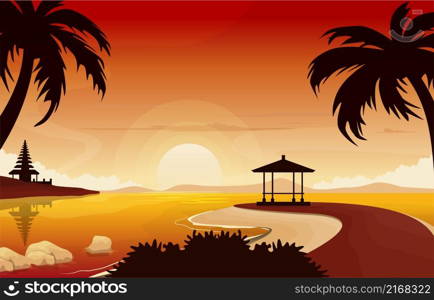 Beautiful Sunset Sea Nusa Dua Bali Landscape View Illustration