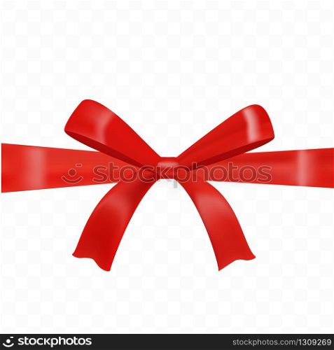 Beautiful tied red bow isolated on transparent background. Decorative design template. High quality vector illustration.