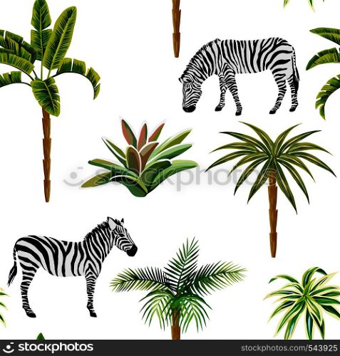 Beautiful tropic animals zebra with palm trees and cactus. Seamless beach pattern wallpaper on a white background